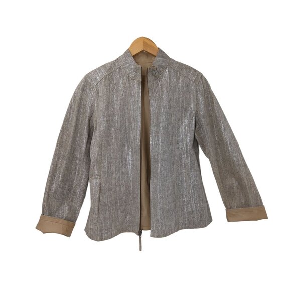 Chicos Reversible Leather Jacket Size 1 M Tan Silver Metallic Travel Full Zip - Picture 2 of 11